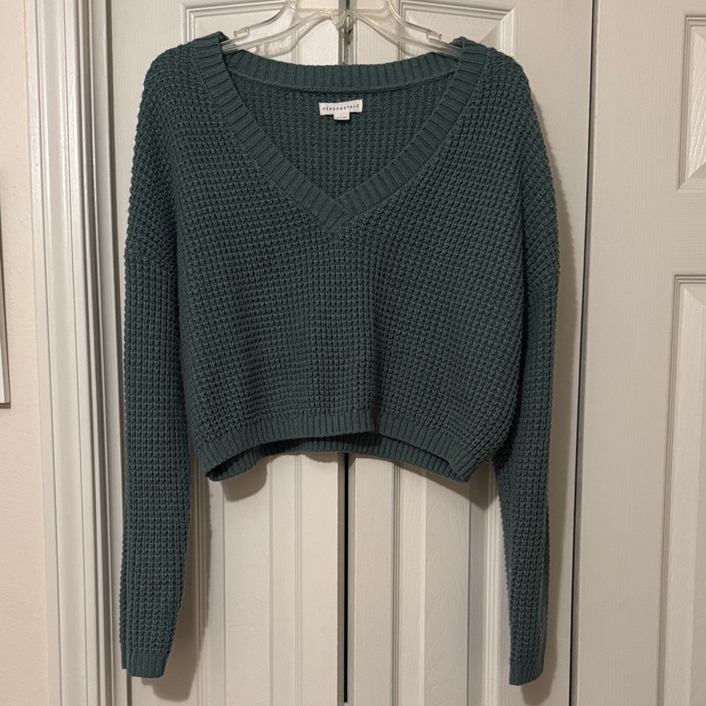 Aeropostale Cropped Teal V-Neck Waffle Sweater